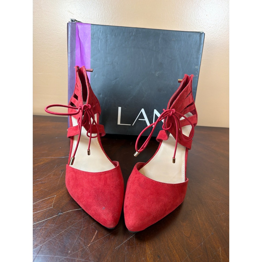 Lane Bryant Red Faux Suede Pointed Toe Cage Lace Up Ankle‎ Zip Heels Pumps